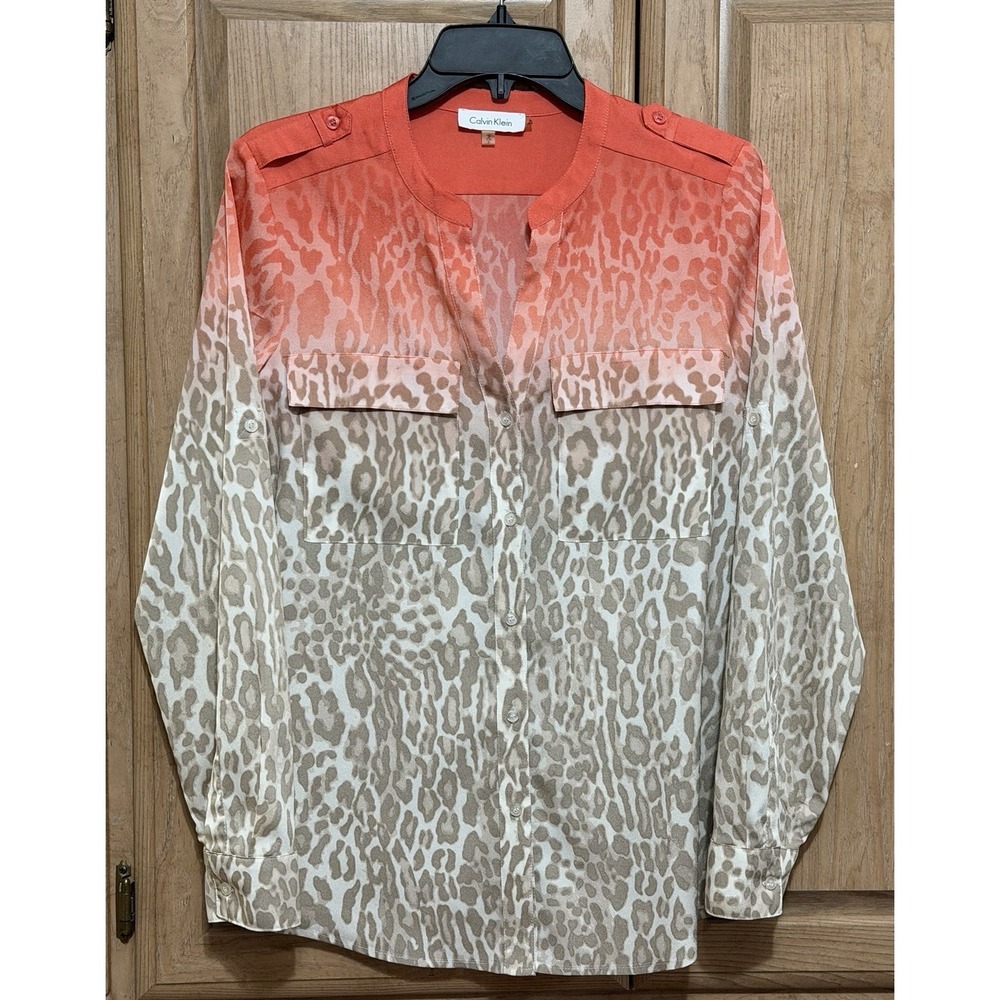 Calvin Klein Top Blouse Tunic Women's Size S Orange Tan Ombre Leopard Print Work